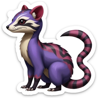 Rare warm-colored exotic gloomy tropical edgy cute epic aesthetic spooky indigo purple white black red gothic colorful Salandit-Furret-Civet-species-Fakemon-hybrid-creature, with tribal tattoo markings, full body sticker