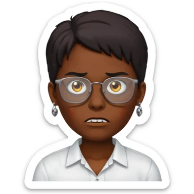 A zombie wearing a white shirt, dark skin, medium-length dark hair, earrings, and glasses, on a white background, facing forward. sticker