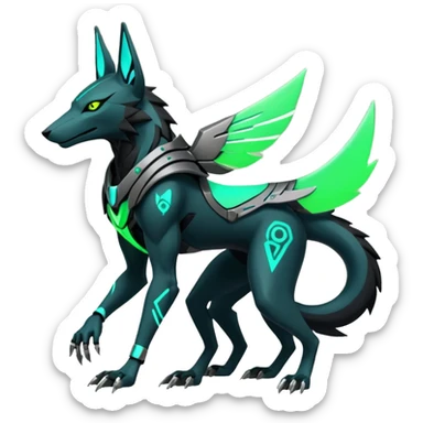 Black and green cyberpunk intricate neon glowing grey white futuristic cyborg-Anubis-Hermanubis-Zeraora-Zoroark-Luxray-fusion (full body) sticker