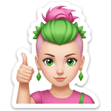 girl with pink topknot mohawk haircut and green eyes giving a thumbs up sticker