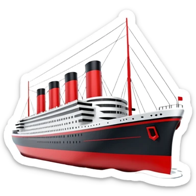 A 3D stylized Titanic ship in Apple emoji style, smooth and glossy surface, clean white and black colors with red accents, large expressive windows but no face, sailing on calm ocean with soft lighting, Pixar-quality render, minimal and elegant design, isolated on studio background.

 sticker