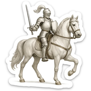 a white knight in shining armor riding a white horse, heroic, elegant, clean background sticker