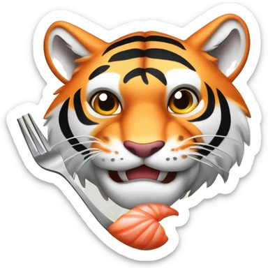 a muscular grinning tiger holding a fork poking into a fillet of salmon with the tip of its paws sticker