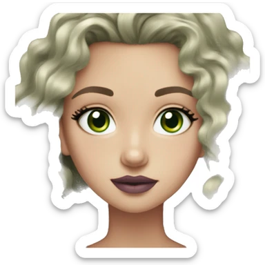 white girl, green eyes, black long curly/wavy hair, cute earrings, green v-neck top, mascara mauve lipstick sticker