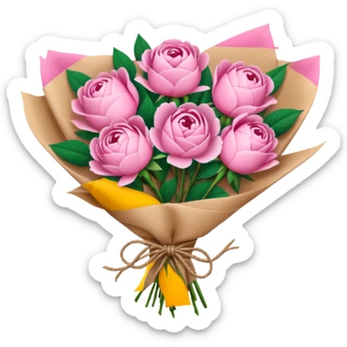 Bouquet of pink flower like rose and peony wrapped in kraft paper sticker