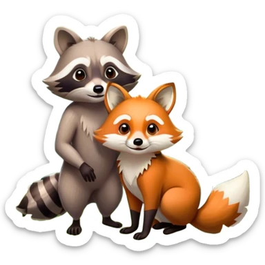 Collage of a raccoon and a fox, in close-up, set in a beautiful forest with tall trees, green bushes, and sunlight filtering through the leaves. Both animals look curious and playful. A vibrant, wild atmosphere with a transparent background. sticker