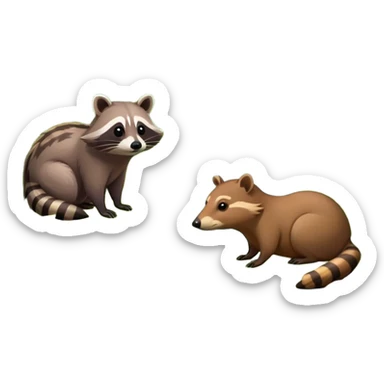 Collage of a raccoon and capybara in a lush, vibrant forest. The raccoon curiously looks around, while the capybara rests peacefully near a stream. The forest is full of green trees, leaves, and soft sunlight. A serene and natural background. sticker