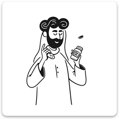 Arab man with keffiyeh holding medicine bottle and pill, hand-drawn style sticker