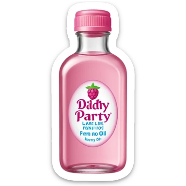 realistic Johnson and Johnson style bottle pink cap pink logo clear bottle with aint no party like a berry party written on the logo with diddy oil and a berry on top bottle sticker