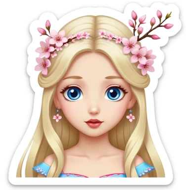 Turkish Girl with long blond hair with cherry blossom accessories on her hair with a long tailed cherry blossom dress on the ground and have blue eyes with beautiful finish and she sending lovely kisses  sticker