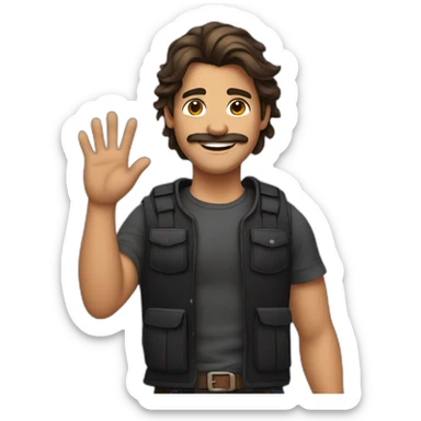 A stereotypical Portuguese young man waving with a big smile, a mustache and a brown mullet, wearing a black t-shirt and a chest vest sticker