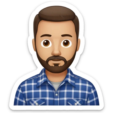 white man with dark brown beard and goatee  standing, wearing a plaid shirt sticker