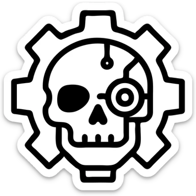 Cyborg skull within a mechanical cogwheel, inspired by Adeptus Mechanicus from Warhammer 40k, detailed and metallic, no text sticker