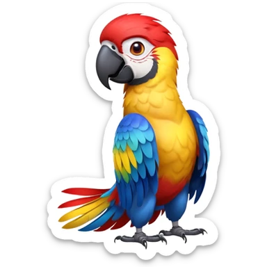 cinematic-macaw-realistic-full-body-standing-emoji,-vibrant-feathers-glowing-with-rich-reds,-blues,-and-yellows,-head-tilted-dramatically,-curved-beak-gleaming,-piercing-dark-eyes-exuding-confidence,-simplified-yet-realistic-focused sticker