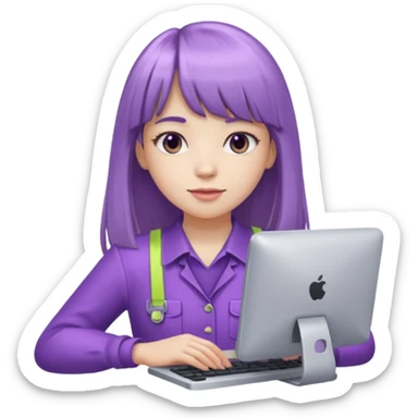 lilac girl with long hair and bangs worker and acessories with a pc worten sticker