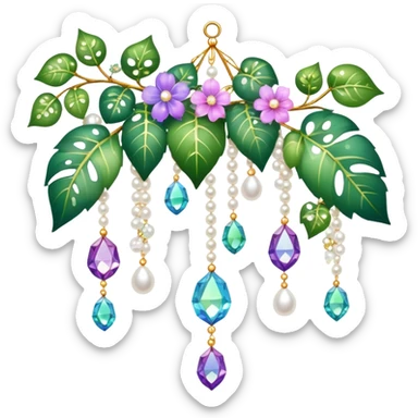 Exotic romantic Few cute tiny Iridescent glistening glossy sparkly shiny glittery hanging crystals pearls and beads and gemstones scenery scenic decorations with ivy and flowers sticker