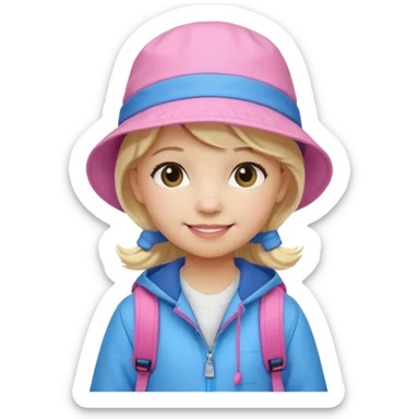 A little girl student white skin, blonde hair, with pink bucket hat, white jacket, blue backpack sticker