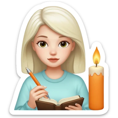 20-year-old pretty woman with white skin journaling, scented candle beside her, iPhone memoji style sticker