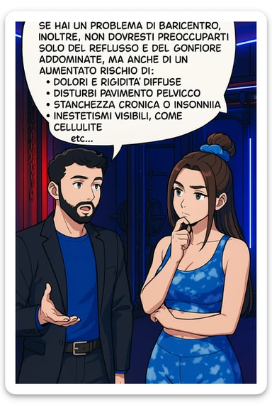 TRASFORMA QUESTO CAROSELLO IN UN FUMETTO STILE WEBTOON/MANGA A COLORI CON QUESTE DUE PERSONE IDENTICHE CHE INTERLOQUISCONO TRA LORO, L'uomo sta spiegando alla donna questo concetto MENTRE LA DONNA SI TIENE L'INDICE SUL MENTO ASCOLTANDOLO PENSIEROSA:

Se hai un problema di baricentro, inoltre, non dovresti preoccuparti solo del reflusso e del gonfiore addominale, ma anche di un aumentato rischio di:
    • dolori e rigidità diffuse
    • disturbi pavimento pelvico
    • stanchezza cronica o insonnia
    • inestetismi visibili, come celluluite
    • etc… sticker