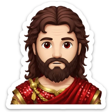 Mars, God of War from Roman Deities with long dark brown wavy hair and beard, deep red sequin toga sticker