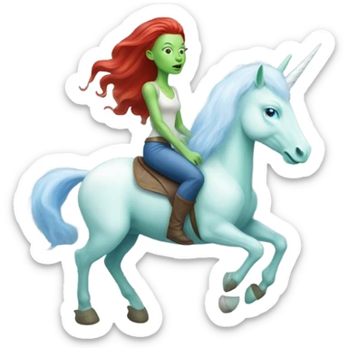 [(a light green Amazon alien woman with red hair with blue eyes) on a (four-legged white unicorn with a light blue mane)] sticker