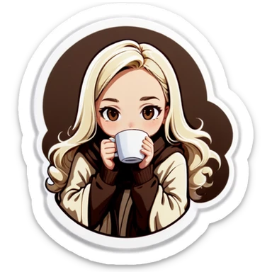 Blonde girl wearing a light blonde blanket. Drinking coffee. Long wavy brown hair. sticker
