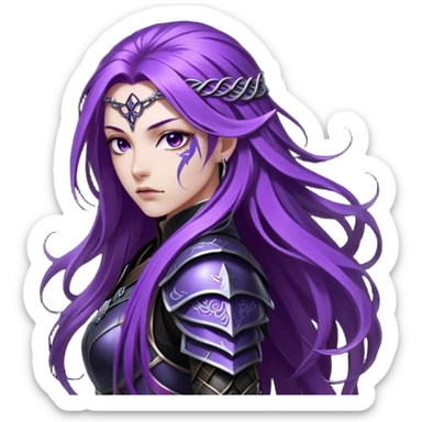 A mysterious warrior girl with long, flowing purple hair cascading down her back, strands catching the dim light like silk. Her piercing violet eyes glow. She wears sleek black armor, a perfect fusion of elegance and lethality, adorned with intricate silver engravings resembling ancient runes.  sticker