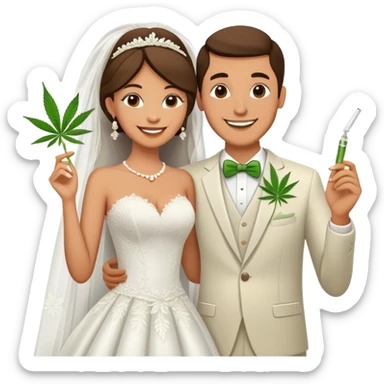 Newlywed couple, bride and groom, full body, sharing a cannabis joint at wedding sticker