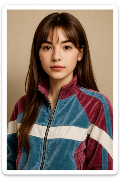 Y2K aesthetic: girl with fair skin, long straight light brown hair, curtain bangs, dark brown almond-shaped eyes, trendy Y2K jacket, detailed, trendy, realistic portrait sticker