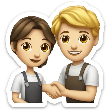 an adult restaurant owner and a young blogger shaking hands, both with fair skin, in great detail sticker
