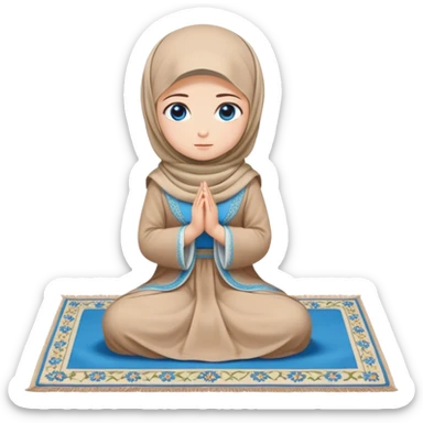 Turkish beautiful finish Konya girl blue eyes with beige flower hijab long tail dress and sits on the pray mat on the ground and pray dua  sticker