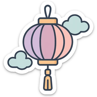 Chinese lantern with tassel and clouds, thin clean outlines, soft rounded shapes, pastel palette #98B5BC, #B5B3C1, #C9A3C9, #E4C0CA, #F7DCD1, #F7C0AA, modern Japanese pop art and sticker aesthetic, detailed shadows and highlights, soft lighting, transparent background sticker