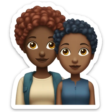 Black girl with curly burgundy hair with her mom that is light skin and has short blue hair sticker
