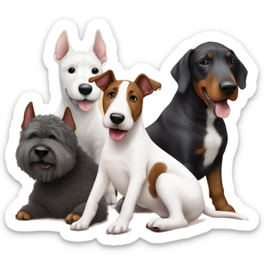 a english bull terrier, a fluffy poodle and a doberman chilling as friends cute sticker