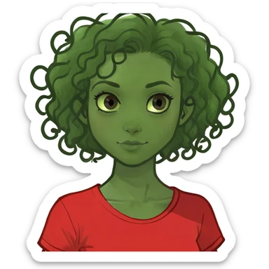 Girl with tan skin, 3b curly hair, and dark brown eyes. With a red shirt  sticker