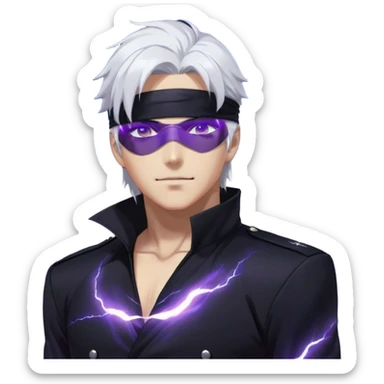 A tall, handsome anime man with white hair and a blindfold or dark sunglasses, wearing a sleek black uniform. He has a confident smirk and a mysterious aura. Glowing white energy swirls around him, representing "Infinity." His eyes, if visible, shine like the stars. The background is a stormy night with blue and purple lightning, symbolizing immense power and control over space and time. Epic anime art style. sticker