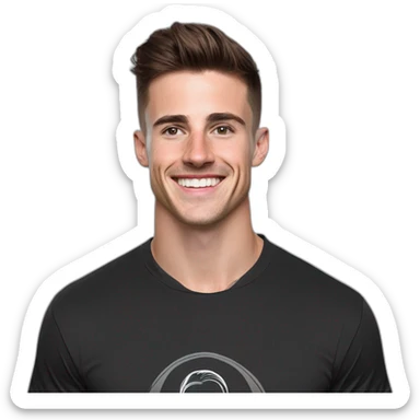 Mason mount 30 year old American Silicon Valley designer smiling with stubble and mustache in a black tshirt with broad shoulders profile photo hair fade undercut sticker