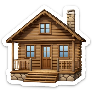 A rustic wooden cabin with horizontal log-style siding and a small front porch enclosed by crossed wooden railings. The cabin has a simple rectangular shape, a sloped roof, and warm brown wood tones throughout. sticker