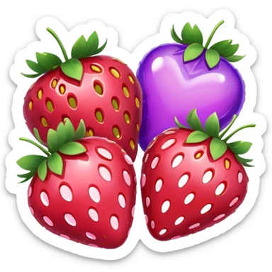 strawberries, pink and purple hearts, candy sticker