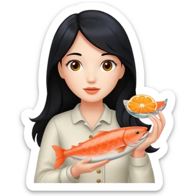 White lady with long black hair and a round face holding a salmon  sticker
