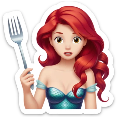 Disney Ariel mermaid with red hair holding a fork, curious expression sticker