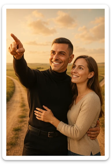 a couple stands at a crossroads, the man pointing confidently toward a direction while the woman looks at him with trust and optimism. Both are illuminated by soft, uplifting light, representing faith in each other’s strengths and the positive outcomes of working together. sticker