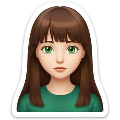 beautiful woman, straight long brown hair with bang, green eyes  sticker