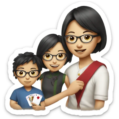 asian girls with glasses and boy playing card sticker