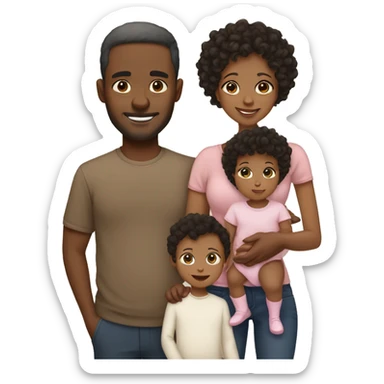 A family with the dad who is black with dark short hair, the mom who is light skin with medium length brown hair and the baby who is light skin with short curly hair and a heart  sticker