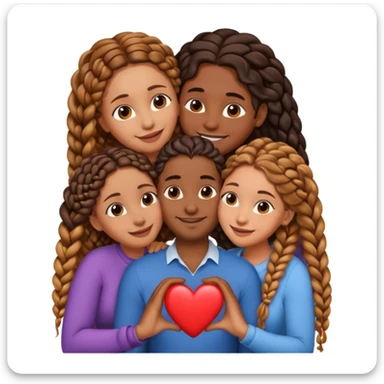 A throuple, with one tall large brown skinned black man with a low cut, a brown skinned large woman with long hair, and a brown skinned woman with braids, embracing each other, heart emoji sticker