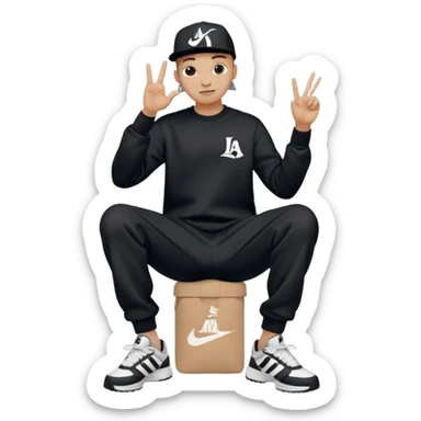 Crea Un Emoji De Cuerpo Completo Que Sea Hombre Con Corte Alucin Que Tenga Gorra Nike, Suéter Negro Que Tenga La Letras LA El La Parte Del Corazón, Zapatos Adidas Con Una Palomita✅, Pantalón Ancho O Bellaco Con Unos Diseños De Palomas Blancas Y Asiendo Una Pose Con Su Mano Que Sea Está 🤙🏽. sticker