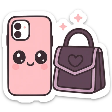 pink and black gothic phone case, kawaii style, big eyes, smiling, cartoonish, playful, matches gothic purse sticker