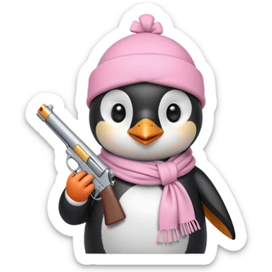 cute penguin wearing light pink bow scarf not on head and holding light pink gun  sticker