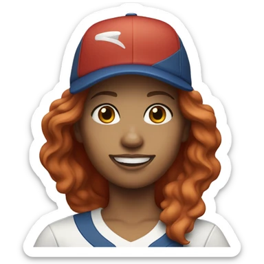 front facing standing female coach with long red hair, wearing a white t-shirt and a simple baseball blue hat sticker